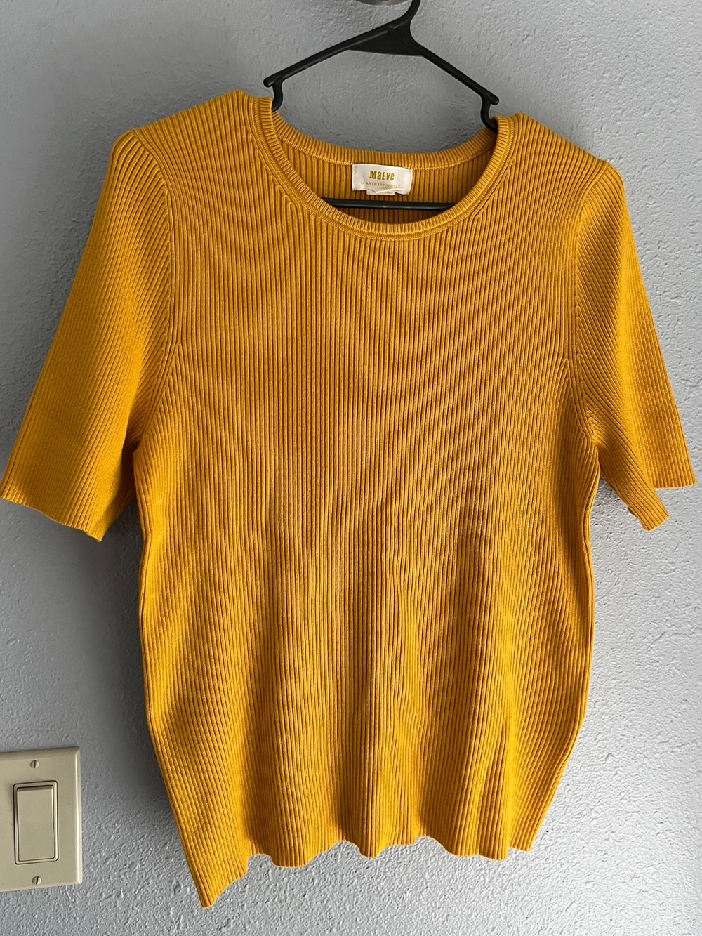 Anthropologie Maeve Mustard Yellow Ribbed Short-Sleeve Stretchy Sweater Large